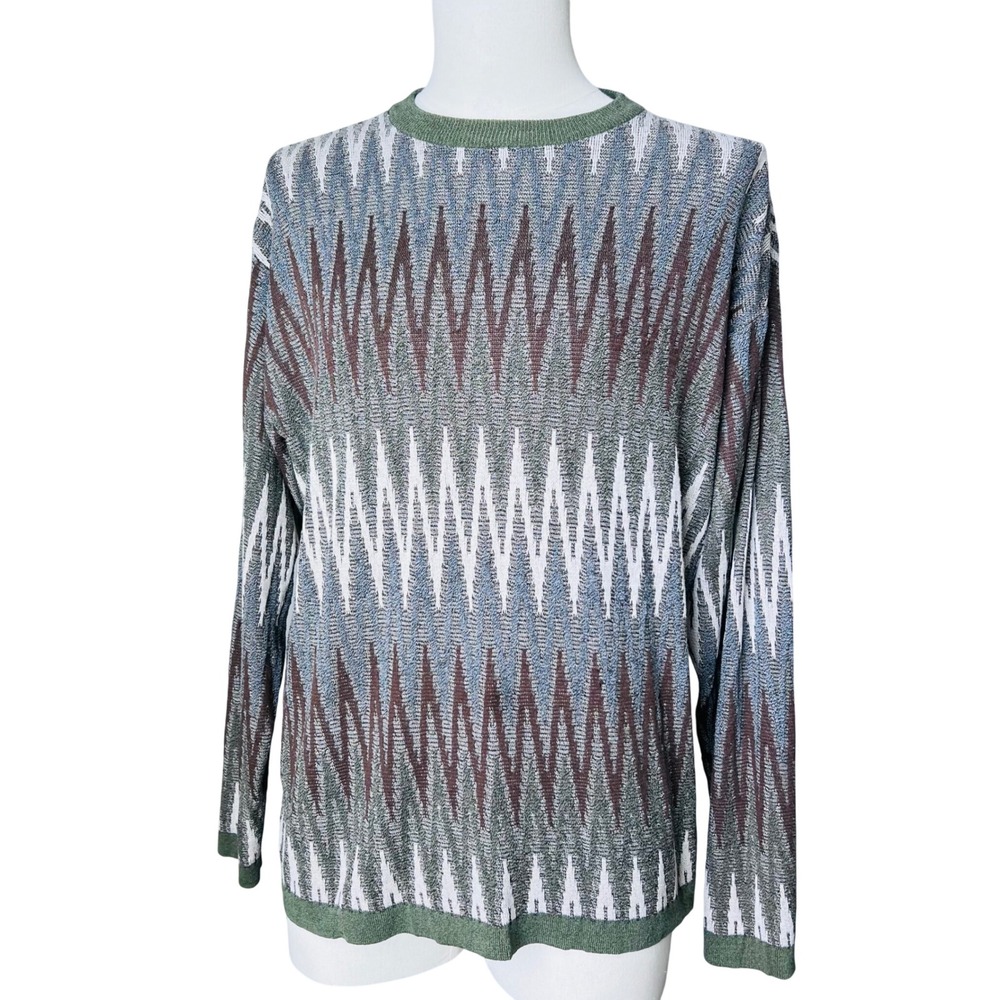 Vintage Domani Platinum Mens XL Silk Viscose Knit Sweater Chevron Olive Brown‎
